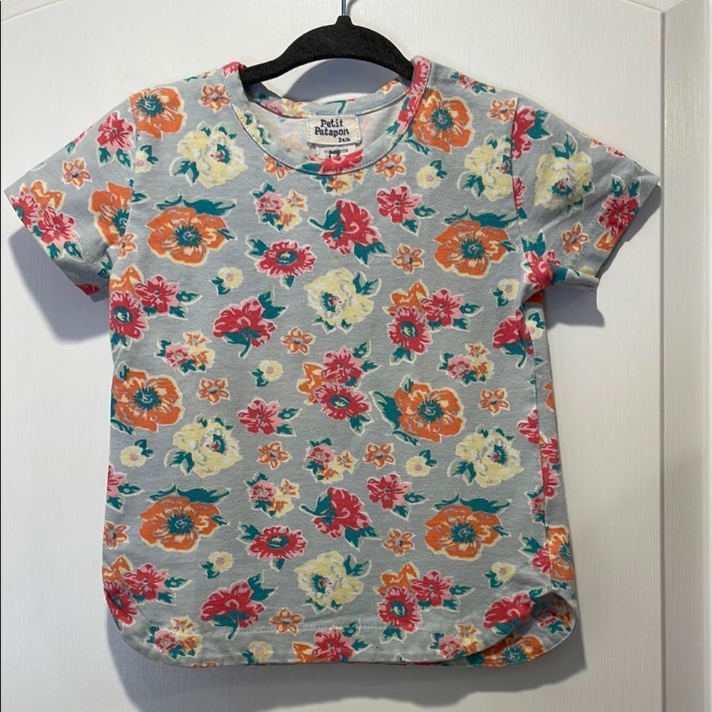 Petit Patapon  Kids Floral Tee - Gray with Vibrant Flowers size 2Y